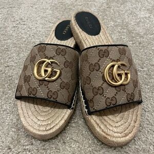 Gucci Tan and Gold Logo Slide Sandals
